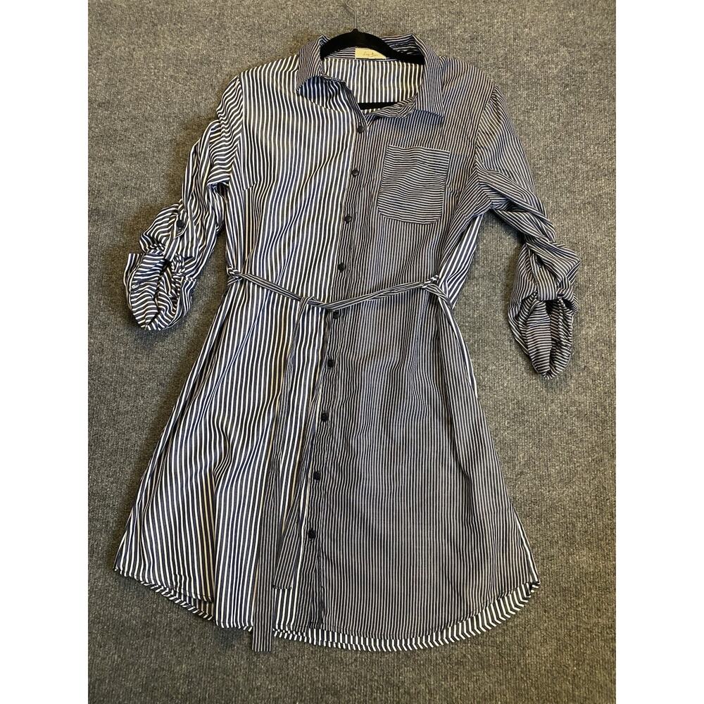 Love Notes Shirt Dress Blue White Striped Belted Button Long Sleeve Knee L